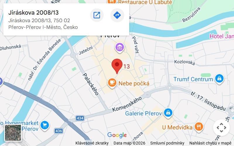 Mapa centra Přerova s&nbsp;prodejnou v&nbsp;Jiráskově ulici 13
